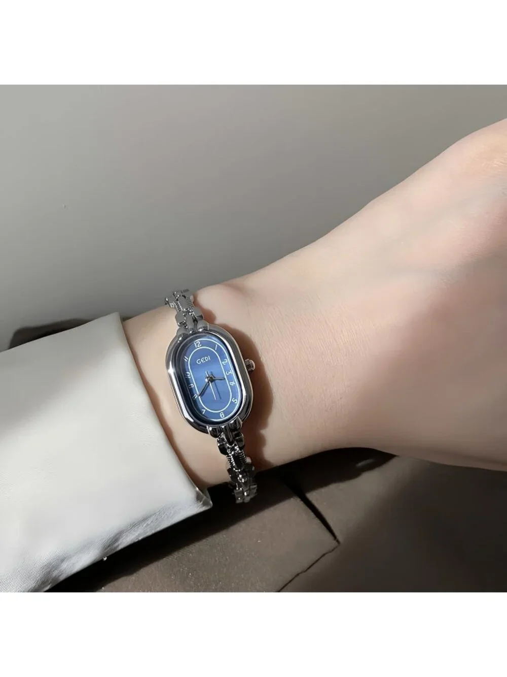 Women's Silver Blue Oval Vintage Bracelet Small Quartz Dress Bangle Analog Watch